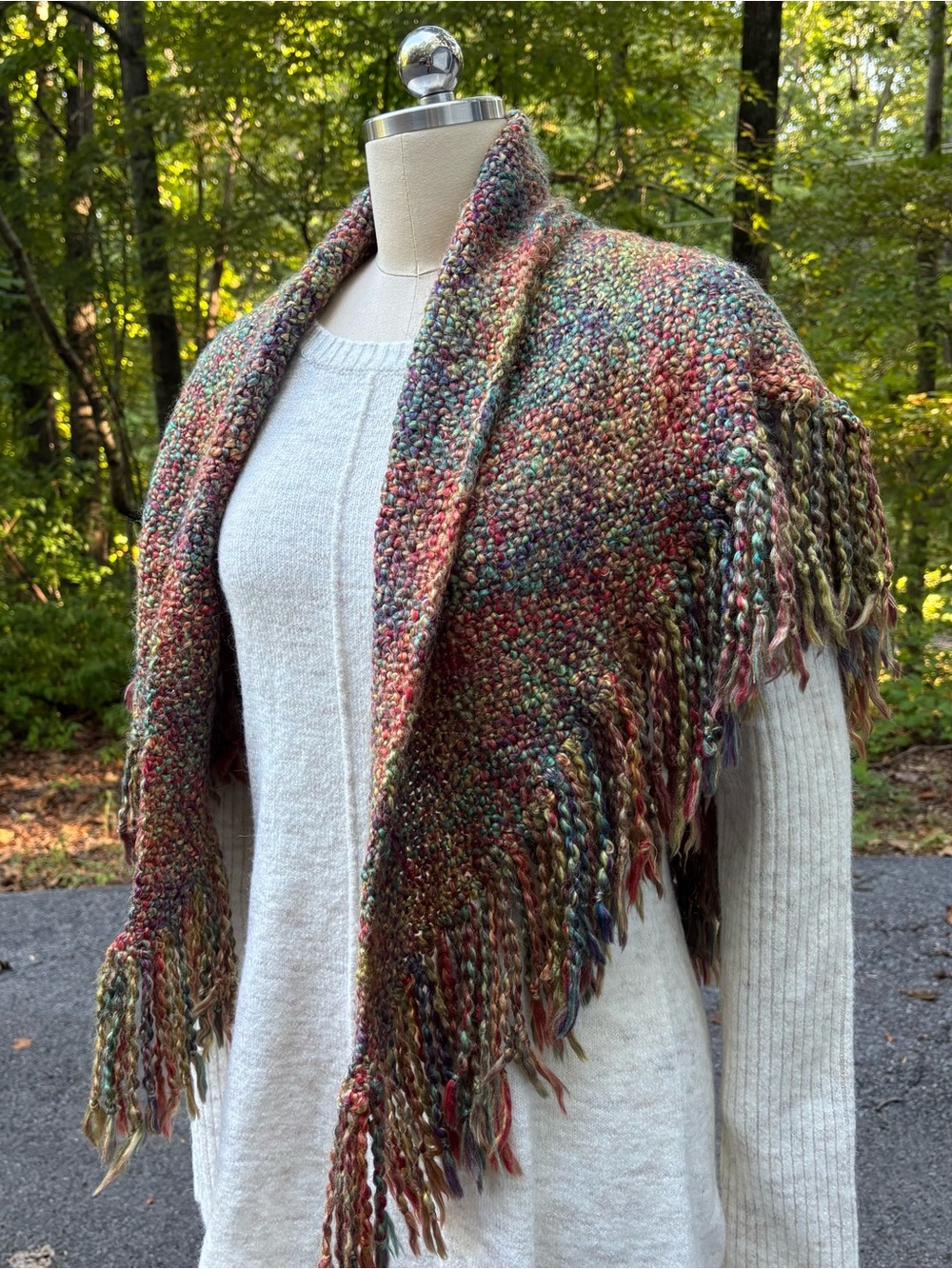 52” x 24” Multicolor Knit Triangular Shawl with Fringe